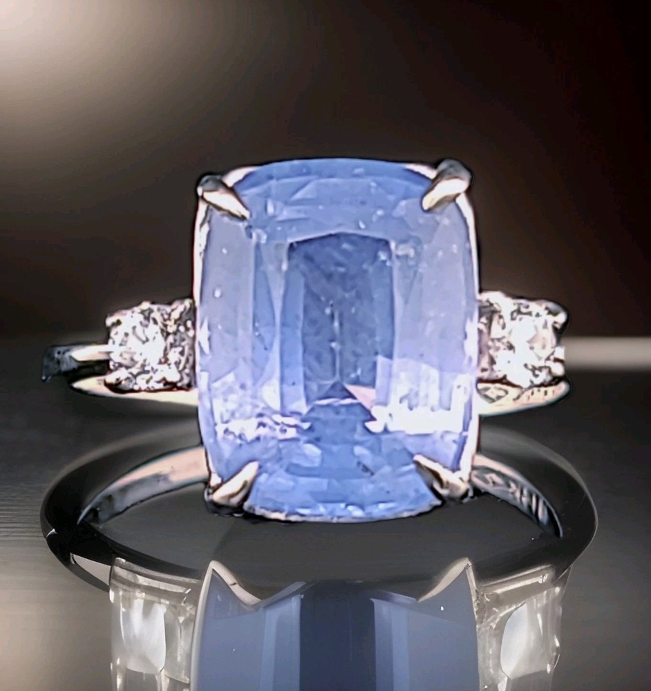 Vintage 14K White Gold Engagement Ring 8.94ct.Natural Blue Cushion Sapphire GIA