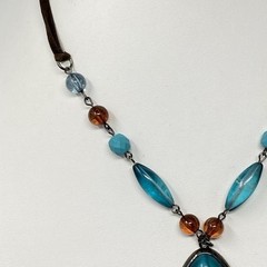 Pendant Necklace Blue Brown Glass Beads Acrylic Teardrop Brown Cord Chain Collar