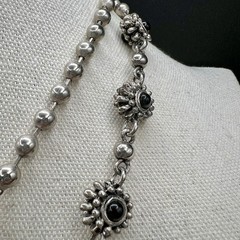 Vintage Long Silver Tone Necklace Black Floral Stations 35″ Southwest Statement