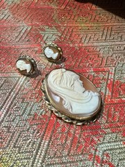 Vintage 12K Gold Filled Shell Cameo Brooch And Earrings Set Matching Mid Century