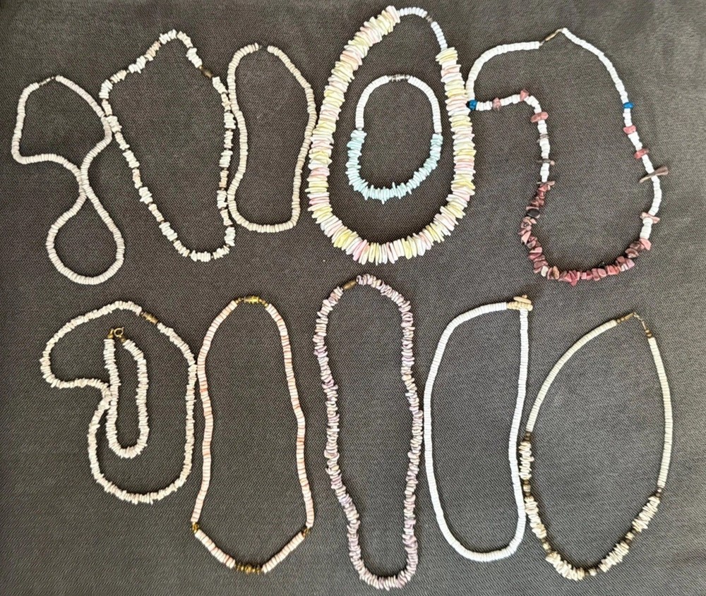 Vintage Y2K 70s 80s 90s Puka Shell Heishi Necklace Lot 12 Surfer Hawaiian