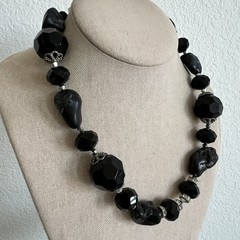 Vintage Chunky Black Faceted Lucite Bead Necklace Raw Nugget Rhinestone Choker