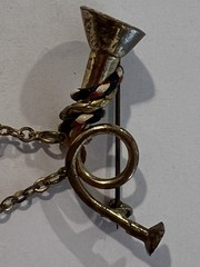 Vintage WW11 Drum & Bugle Sweetheart Pin Patriotic Red White Blue Leather Braid