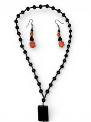 Vintage Coral Czech BEADED Earrings & Black Onyx Beaded Necklace-Estate Item