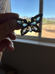 Vintage Rhinestone Butterfly Brooch Aqua Teal Gold Tone Mid Century Style
