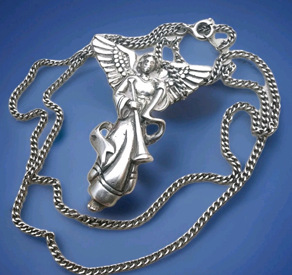 VINTAGE 925 STERLING SILV ANGEL(Gabriel) Pin/Brooch/Pendant, & Chain (NECKLACE)