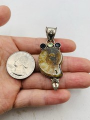 Vintage Sterling Silver 925 Peridot Smoky Topaz Gemstone Ammonite Fossil Pendant