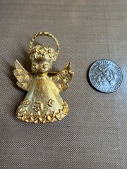 Vintage Solid Brass Angel Brooch Pin Christmas Gold Tone Halo Star Wings Heavy 4