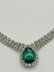 Vintage Emerald Green Glass & Clear Rhinestone Statement Necklace Silver Tone