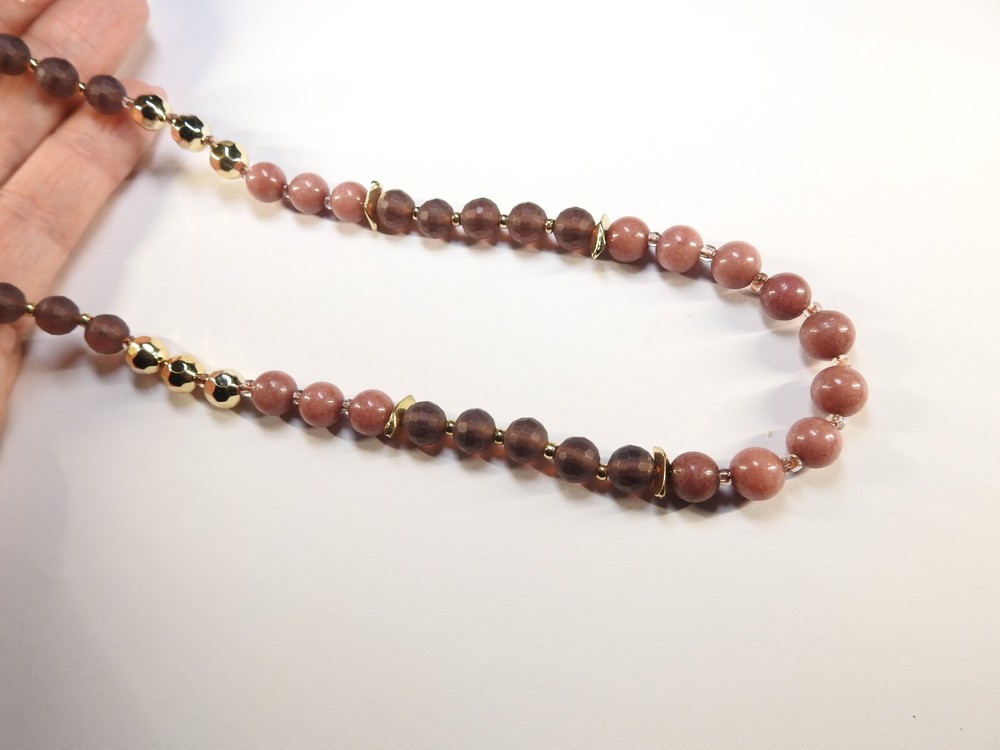 Mauve Glass Brown Acrylic Beaded Double Gold Tone Metal Chain Necklace Vintage
