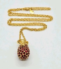 Joan Rivers Egg Pendant Necklace Red Crystal Gold tone Chain Retired 28 in