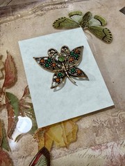 Butterfly Pin, Antique Gold-tone adorned with Faux Coral & Green Cabochons