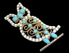 Vintage White Milk Glass and Turquoise Rhinestone Owl Bird Pin Brooch