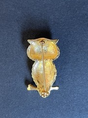 VTG Gold Rhinestone Owl Brooch Citrine Eyes Bird Pin 1.5” Mid Century Sparkle