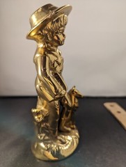 Brass Vtg Boy, Carrying Books, With His Dog By His Side, Statue, Paper Wte