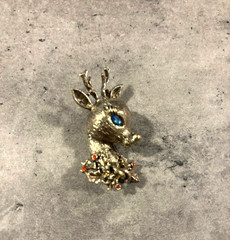 Vintage Signed ART Brooch Reindeer Rhinestone Christmas Silver Tone