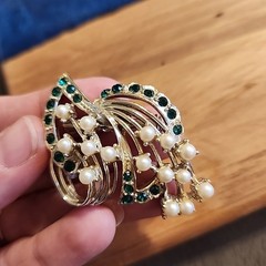 Vtg Abstract Brooch Faux Pearl Green Rhinestone Silver Toned Bouquet Art Beauty