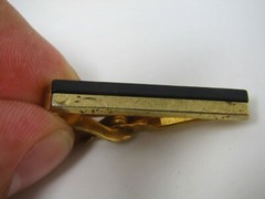 Vintage Gold Tone Tie Bar Clip Black Enamel Top Engraved Scroll Design for Men