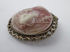Vintage Woman & Cherub Angels Red Resin Carved Cameo Scenic Round Brooch Pin
