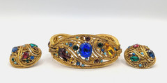 Vtg 50s La Roco Goldtone Filigree Multi-Color Rhinestone Bracelet & Earrings Set