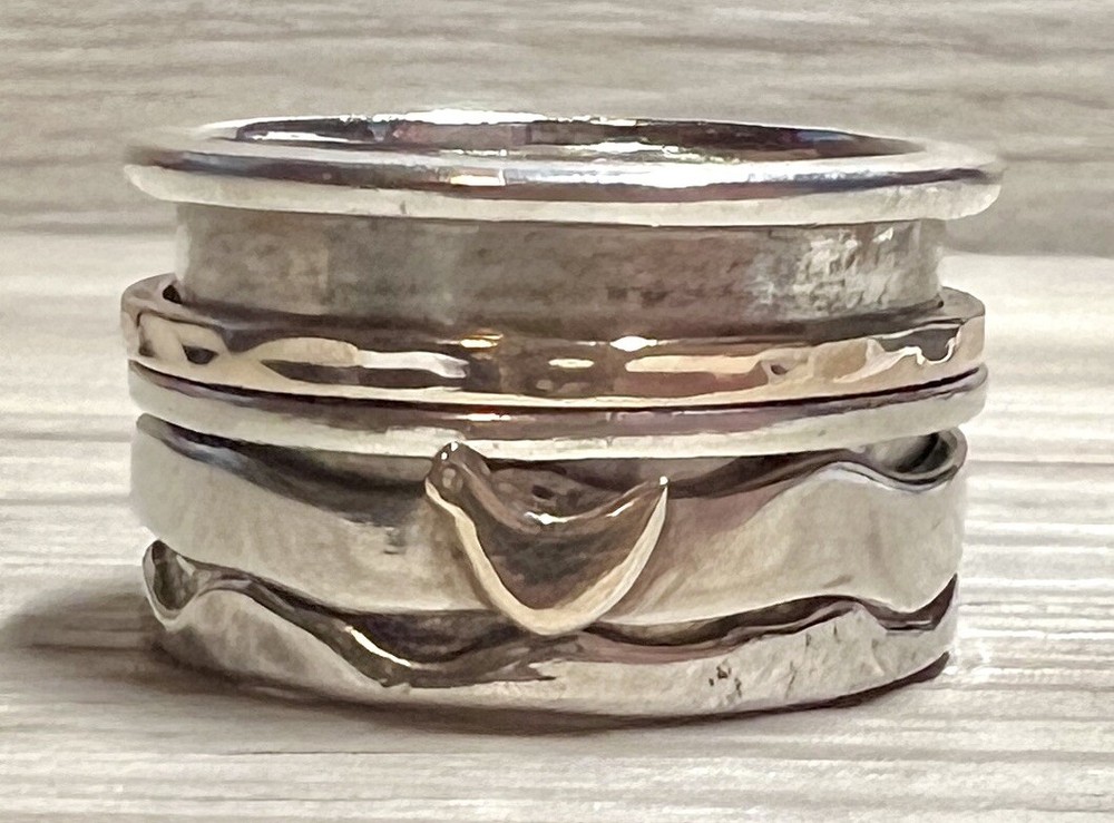 Vintage Designer (AIL) Sterling Silver & Gold Bird Wide Spinner Ring, Size 10