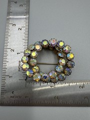 Clear AB Aurora Borealis Rhinestone Prong Dbl Circle Gold Tone Brooch Estate Vtg