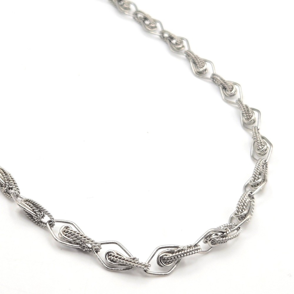 Vintage Silver Tone Necklace Textured Open Link Chain Diamond Rope Detail 18″
