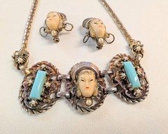 Vintage SELRO SELINI Asian Portrait Necklace 2 Pins Two Brooches Goldtone