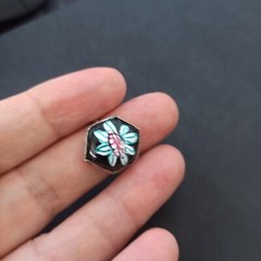 Vintage Persian Black Enamel Ring Flower Middle Eastern Art Mediterranean 7.25