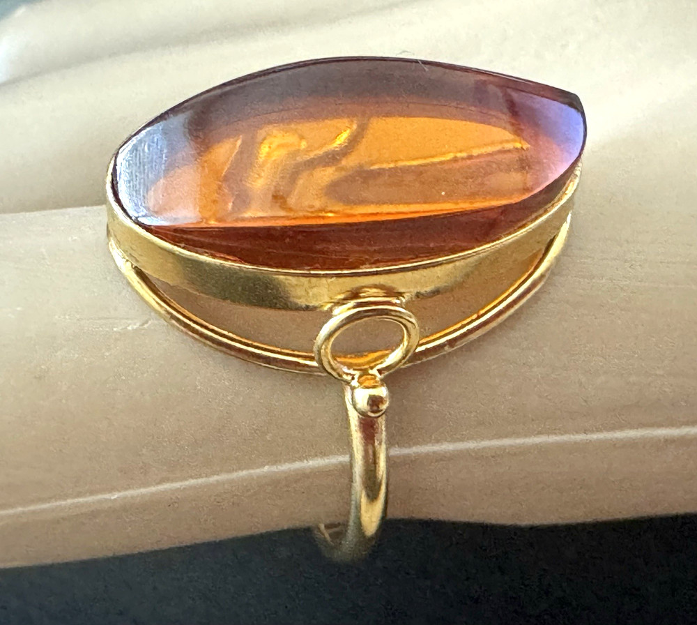 Vintage, 875 Silver Stamped, Vermeil, Russian Baltic Amber Ring, Size 7.75.