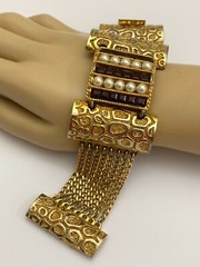 Vintage LUCIEN PICCARD Bracelet Rich Gold Faux Pearl Purple Glass CHANNEL SET