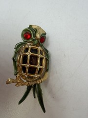 Vintage Brooch Owl Bird Enamel Rhinestone SIgned CFW AS IS REPAIR NEEDED