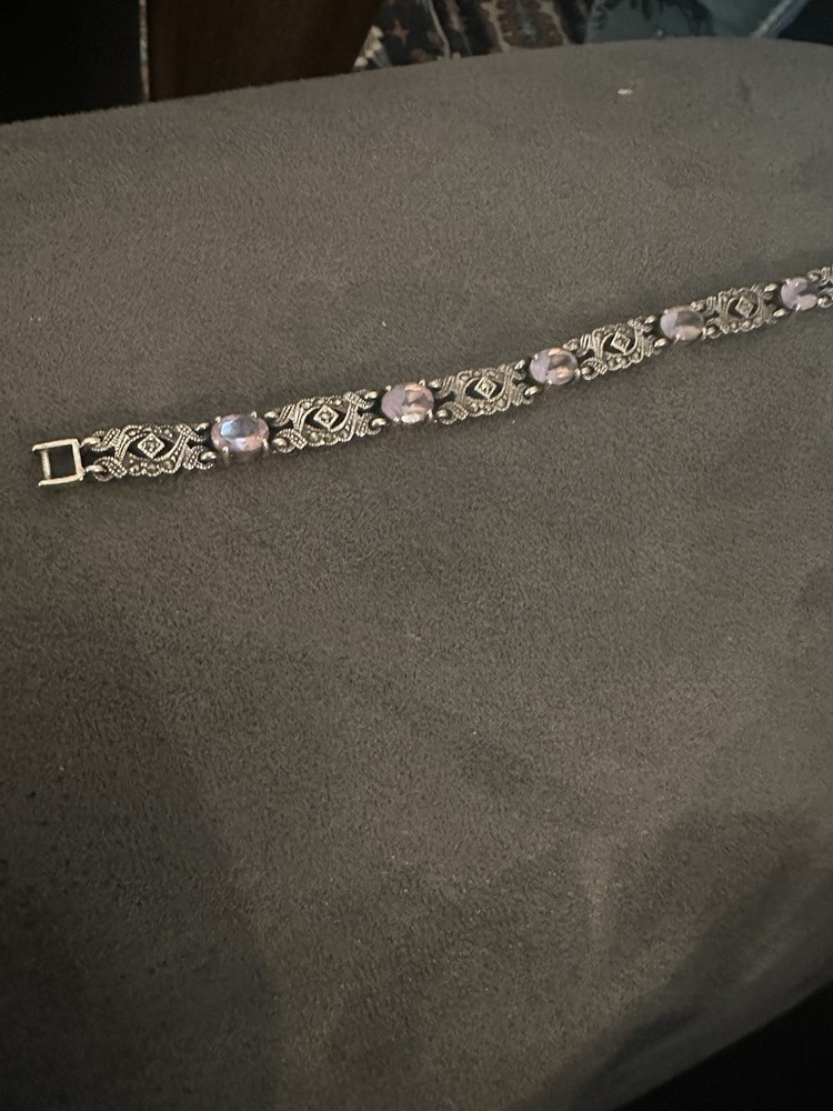 Sterling Silver 925 Bracelet with Amethyst and Marcasite Vintage Stone 7 Inches