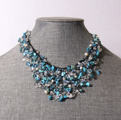 Turquoise Chip Beads Artisan Cluster Boho Waterfall Necklace Coastal Cowgirl