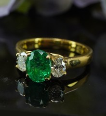 Hammerman Brothers Vintage Emerald Oval Diamond 3 Stone Ring 18K Gold