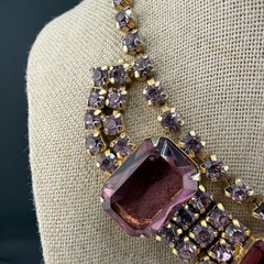 Vintage Purple Rhinestone Necklace Gold Tone 14”
