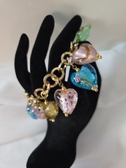 Graziano Art Glass Hearts Charm Bracelet Pink Green Blue 8-9″ Gold Plated