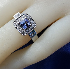 Tanzanite DIAMOND Deco Halo Style Engagement RING SOLID 14K WHITE GOLD Solitaire