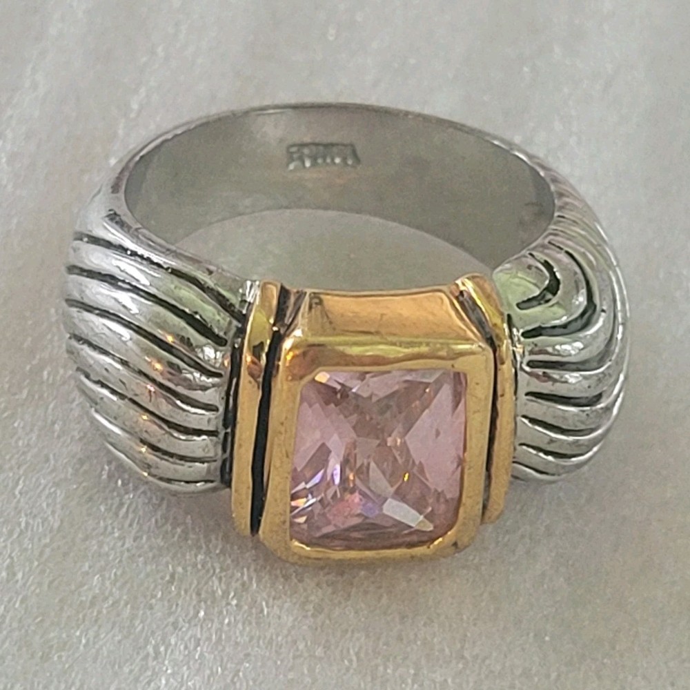 Vintage Two Tone Cable Band Ring 18K GE Pink CZ Size 9.75