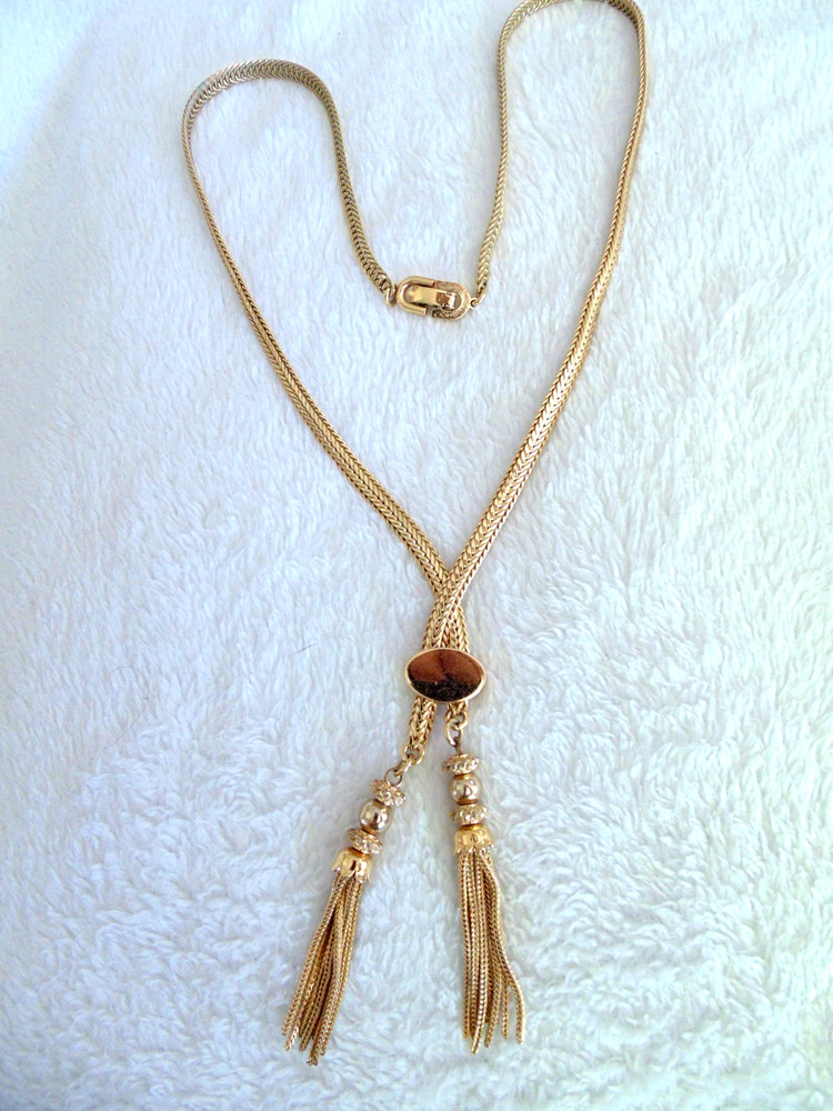 Vtg Monet Pamela Fringe Tassel Dangle Lariat Bolo Slide Gold Tone Necklace 24″