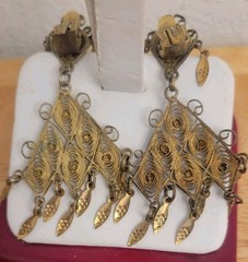 Earrings Clip On Jerusalem 935 Silver Dangle Filigree /Cannetille /antique