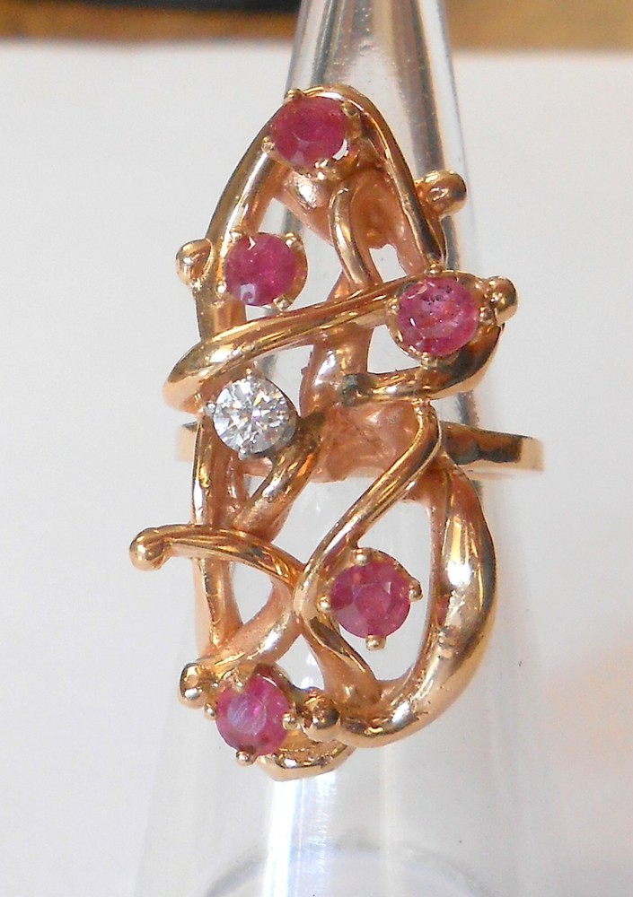 Impressive Ruby & Diamond 14K Yellow Gold Ring Large Organic Free Form Size 5