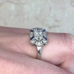 Antique ArtDeco LabCreated Sapphire Diamond Milgrain Engagement 14K Gold FN Ring