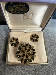 Vintage B. David brooch and clip on earring set. Black rhinestones. w/ box