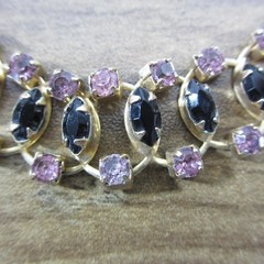 Vintage Rhinestone Necklace Purple Black Gold Tone Choker Collar 15 Inch