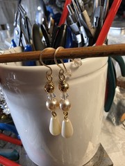 Repurposed Vintage Cream Glass pearl Crystal Teardrop earrings Goldp. Hooks
