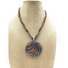 Vtg Silver Rose Gold Tone Chain Multi Strand Necklace Big Round Etched Pendant