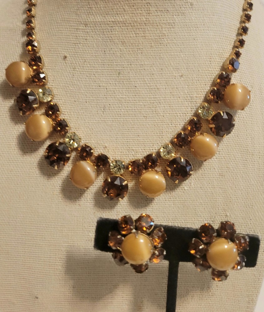 Vintage Necklace Earring Citrine Amber Color Brown Lrg Round Rhinestone 15″ Set