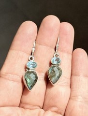 Vintage Sterling Silver Blue Topaz Labradorite Drop Dangle Lever-back Earrings
