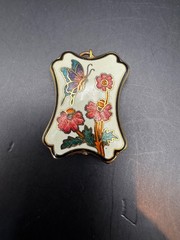 Vintage Cloisonné Enamel Butterfly Floral Pendant Gold Tone Cream Enamel